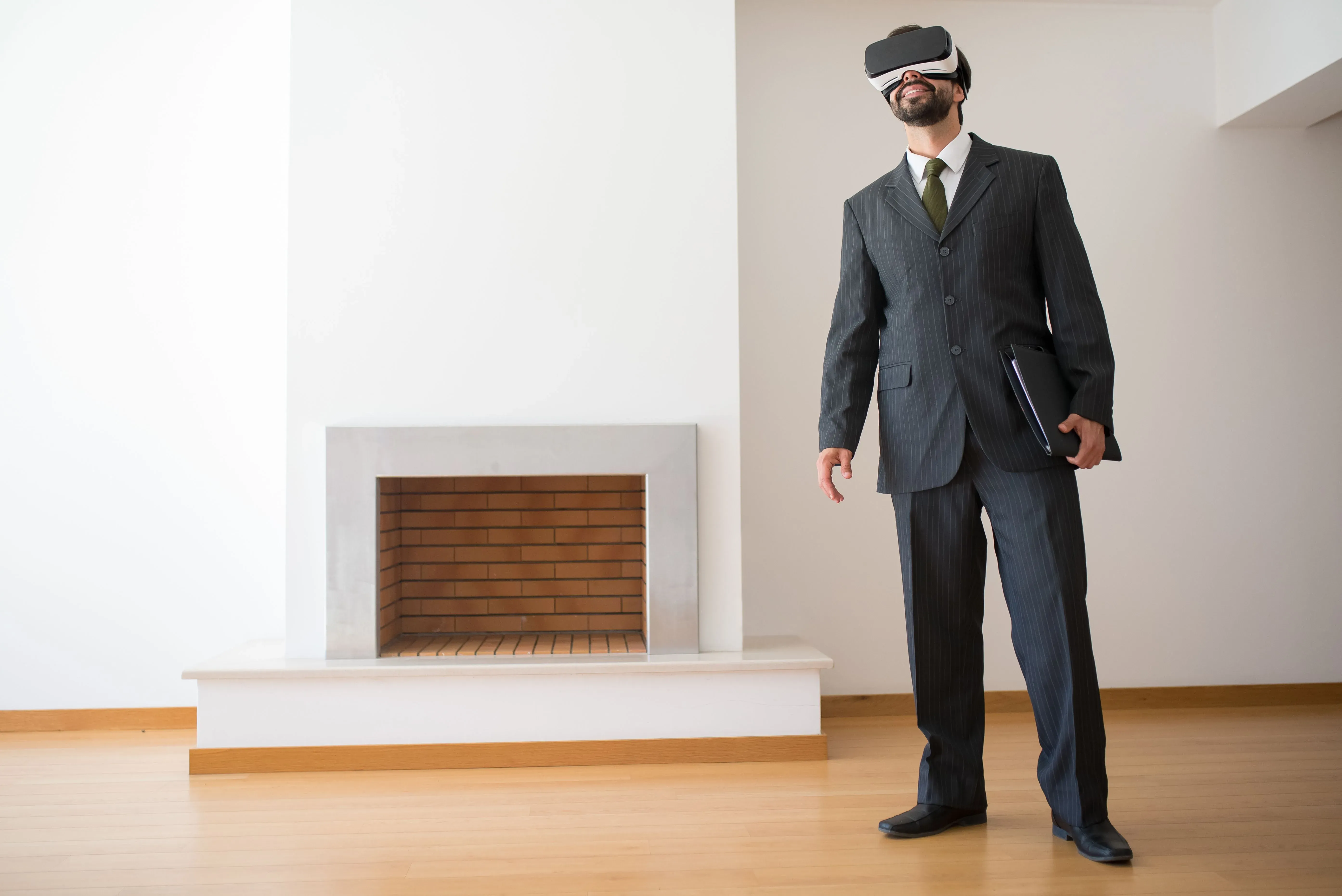 Professional using VR headset in modern living room